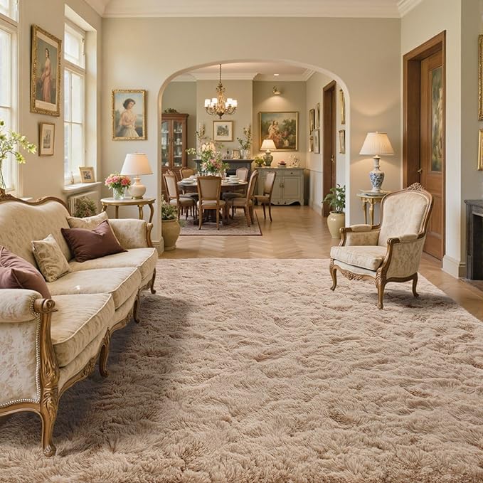 8x10 Area Rugs for Living Room Fluffy Neutral Beige, Modern Plush Non-Slip Soft Bedroom Shag Carpet for Book Room Office,Coffee Stain Resistant