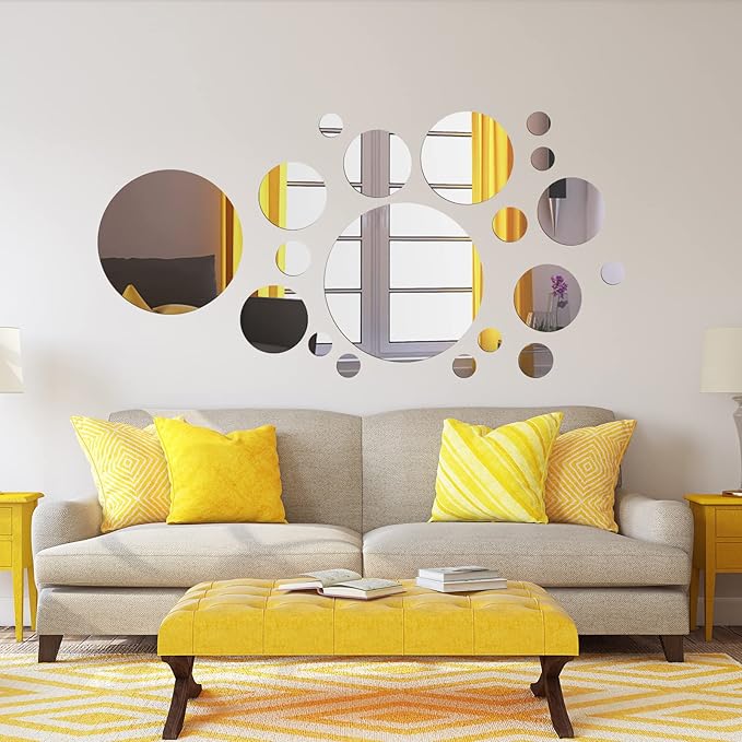 Shappy 32 Pcs Acrylic Mirror Wall Stickers Removable Round Wall Decal Circle Mirror Tiles for Home Bathroom Living Room Bedroom TV Background Decor(Silver,Large Size)