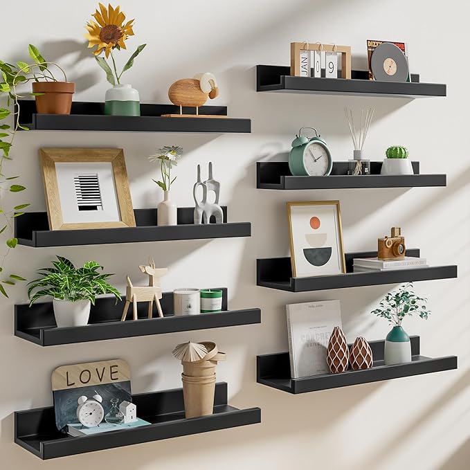 Heimlove 16 Inch Picture Ledge Shelf with Lip Set of 8,Black Floating Shelves for Wall,Wall Shelves in Varying Depths for Living Room Bedroom Bookshelf Photo Frames Nursery Book Shelves for Storage