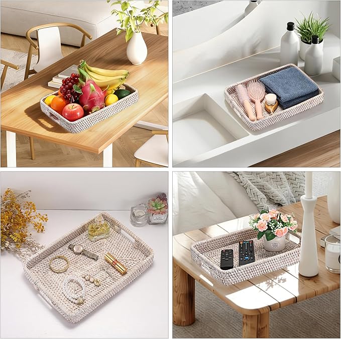 Hipiwe Rattan Serving Tray with Handles Handwoven Basket Tray for Storage Breakfast Dessert Fruit Decorative Tray for Coffee Table, Whitewash