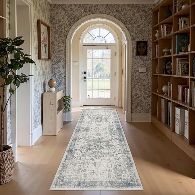 Rugxara 2x6 Washable Runner Rug, Non Slip Boho Runner Rugs for Hallway, Kitchen, Entrance, Bathroom, Laundry Room, Soft Ultra-Thin Entryway Carpet, Throw Low Pile Retro Imitation Carpet, Blue Grey