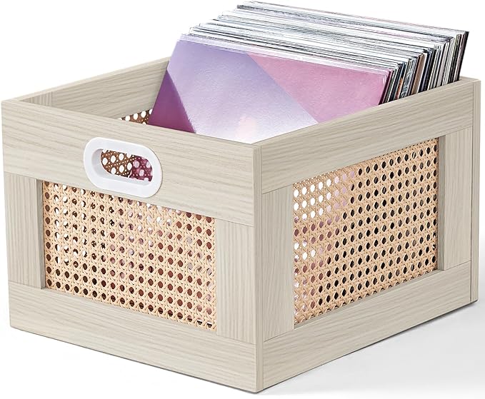LELELINKY Vinyl Record Storage Crate, Rattan Vinyl Record Holder with Handle, Wood Record Crate for Vinyls Holder up to 75 LP's, Desktop Cube Album Storage for Vinyls Records(Grey White)