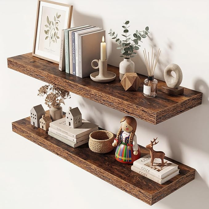 Dreamland 32 Inches Floating Shelves for Wall, 9.3" Deep Long Floating Shelves Set of 2, Large Display & Storage Shelf, Wall Shelf for Bathroom Bedroom Living Room Kitchen Office, Rustic Brown