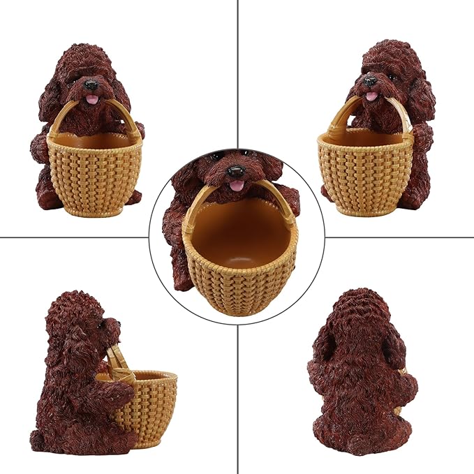 Dog Resin Storage Basket, Desktop Organizer for Remote & Keys, Cute Home Decor Tray, Ideal present for Pet Lovers.(Brown Poodle Biting Basket)