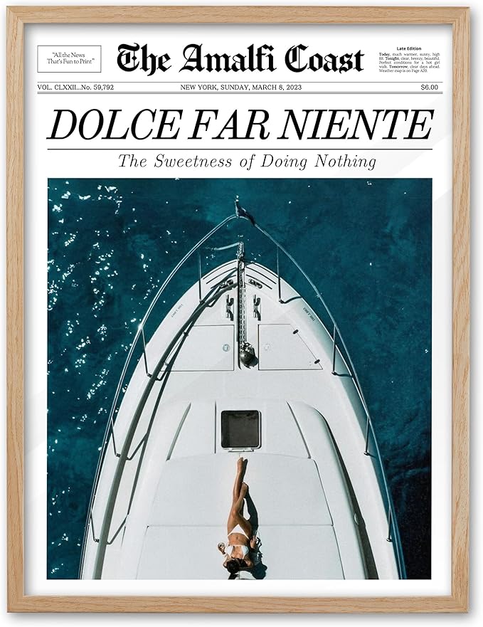 EcoHest Small Trendy Newspaper Dolce Far Niente Framed Wall Art, 8x10 in OAK Wood La Dolce Vita Canvas Wall Art, Magazine Italian Summer Headline Print Decor, Set of 1 for Bedroom Living Room