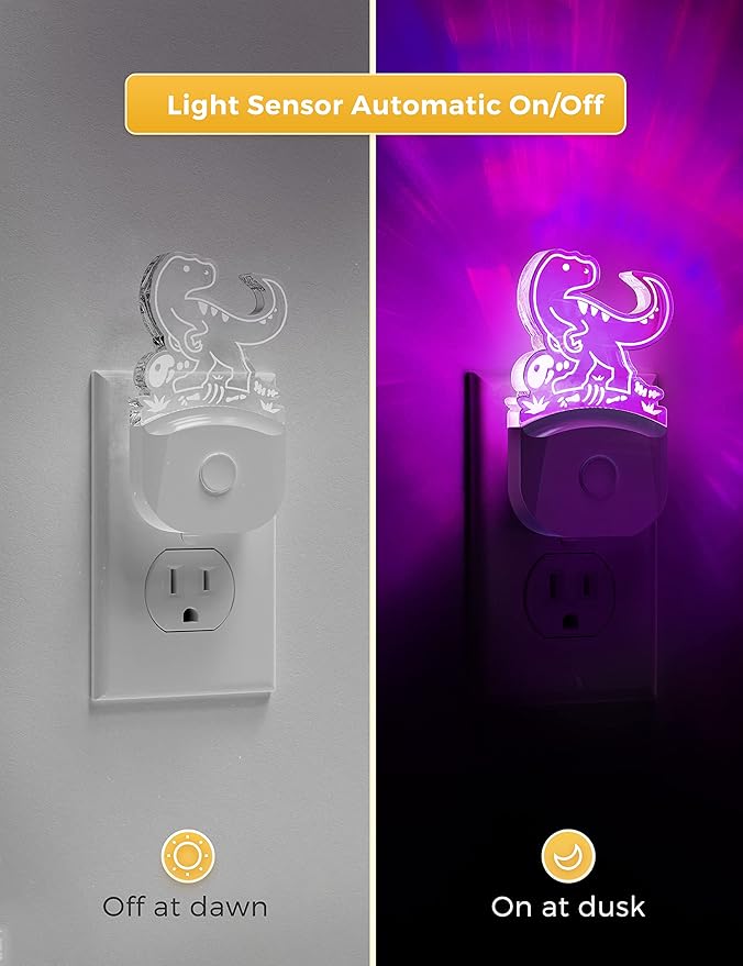 L LOHAS LED Night Light for Kids, Dinosaur Night Light for Boys, Velociraptor LED Night Lights Plug into Wall, RGB+Soft White 3000K, Dusk to Dawn, Ideal for Nursery Room, Bedroom Decor[2 Pack]