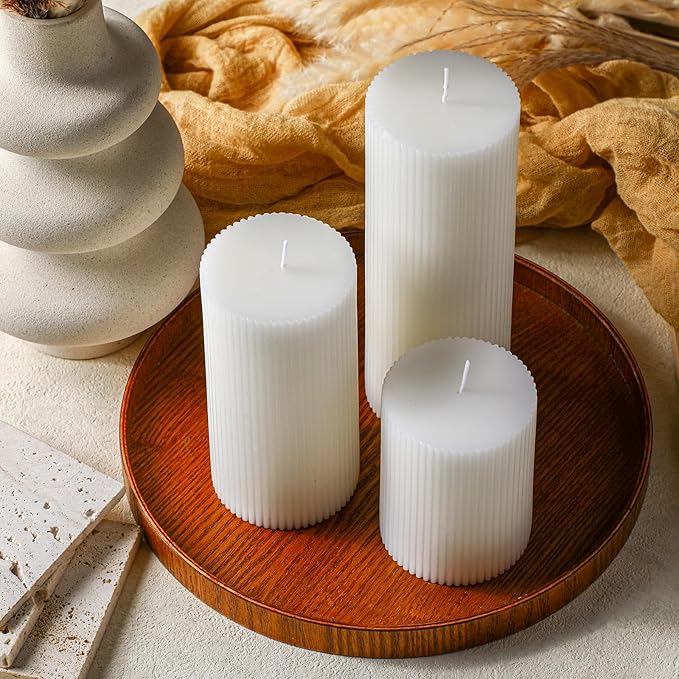 Conelist Ribbed Pillar Candles Set of 3, Width 3" High 4" 6" 8" Large Soy Wax Orchids Scented Pillar Candles Aesthetic Ribbed Modern Home Decor for Bathroom Living Room(White)