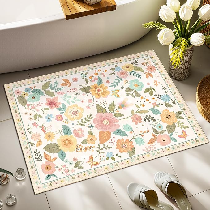 RELEANY Floral Nursery 2x3 Area Rugs Washable Print Boho Cute Carpet Non Slip Flower Low Pile for Living Room Kids Girls Playroom Bedroom Kitchen Office Farmhouse-Beige/White/Orange