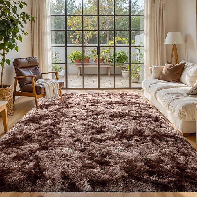 6x9 Brown Rugs for Living Room Fluffy Fur Bedroom Area Rug,Rustic Plush Non-Slip Dark Carpet for Book Room Office,Coffee Stain Resistant