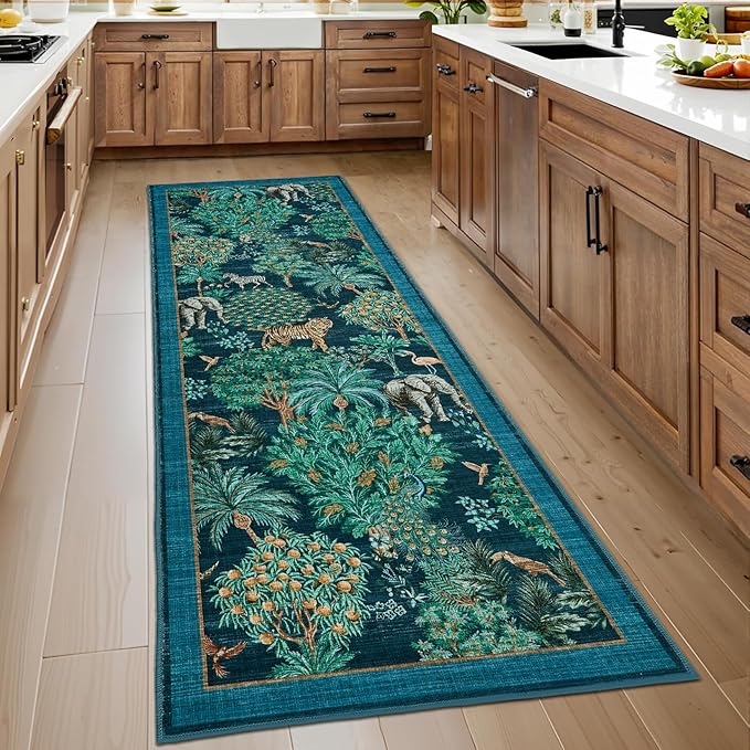 GarveeHome Jungle Rug 2x6 Kitchen Runner Rug Non Slip Washable Runners for Hallways, Animal Print Runner Rugs with Rubber Backing Soft Low-Pile Forest Long Carpet for Bedroom Entryway Laundry, Blue