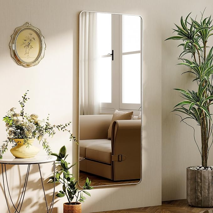 Silver Full Length Mirror 21 x 56 Inch Nano Floor Mirrors with Stand Rounded Corner Full Body Mirrors with Aluminum Alloy Frame for Bedroom Living Room Checkroom