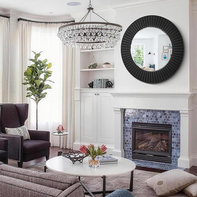 Chende 36'' Black Circle Mirror for Bathroom, Large Round Mirror with Wood Frame, Elegant Accent Rustic Black Mirrors for Living Room, Dining Room, Bedroom, Entryway
