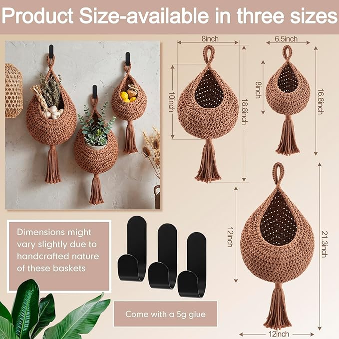 Honeydak Boho Decor Hanging Wall Baskets for Kitchen 3 Pack Teardrop Baskets with Hooks Storage Fruit Onion Vegetable Potato for Home 3 Sizes(White,Tassel,Cotton Rope)