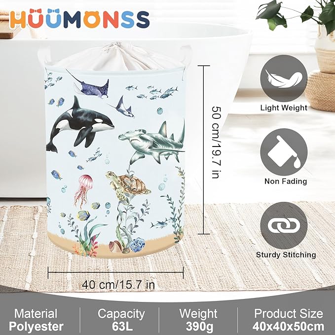 Ocean Animals Baby Laundry Hamper Collapsible Clothes Kids Storage Basket Large Boys Girls Gift Toy Box Bin for Nursery Room, Blue Shark, 63L