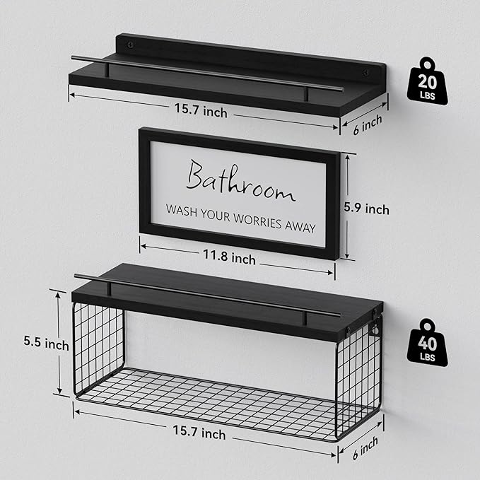 WOPITUES Floating Shelves for Wall Decor Sign, Bathroom Organizers and Storage, Bathroom Shelves Over Toilet with Metal Guardrail-Black