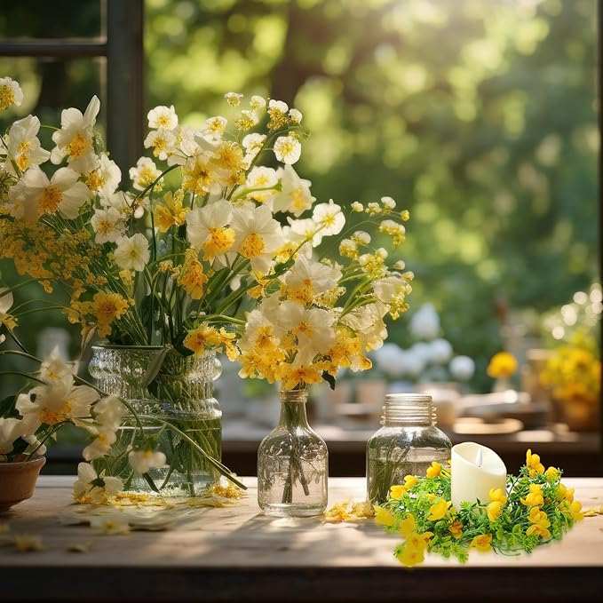 Daifunli 2 Pcs Spring Summer Faux Primrose Flowers Candle Rings Artificial Silk Yellow Flower Farmhouse Wreaths for Pillar 3.9 Inch Candles Holder for Spring Summer Rustic Table Centerpiece Decor