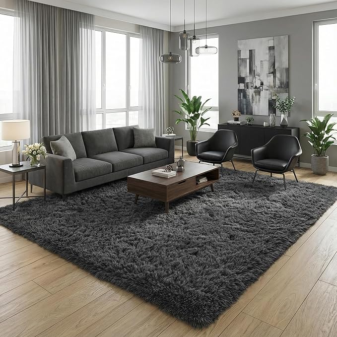 Area Rugs for Living Room, 5x7 Soft Fluffy Shaggy Rug, Machine Washable Non-Slip Plush Fuzzy Indoor Carpet, Aesthetic Home Decor for Bedroom,Kids Room,Nursery,Dorm, Smoky Gray