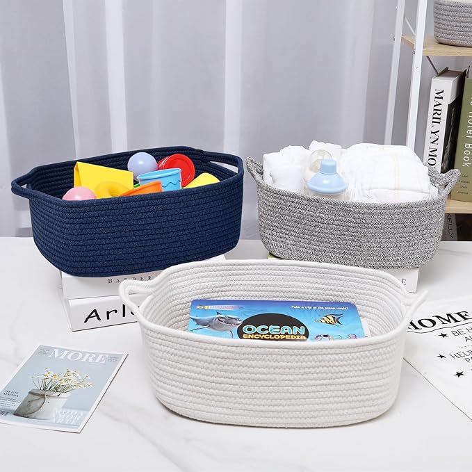 ABenkle Small Storage Basket with Handles, Cotton Rope Woven Dog Cat Toy Bin, Decorative Shelves Closet Organizing for Nursery Laundry Bedroom Bathroom, 14.2''x 11''x 5.1''