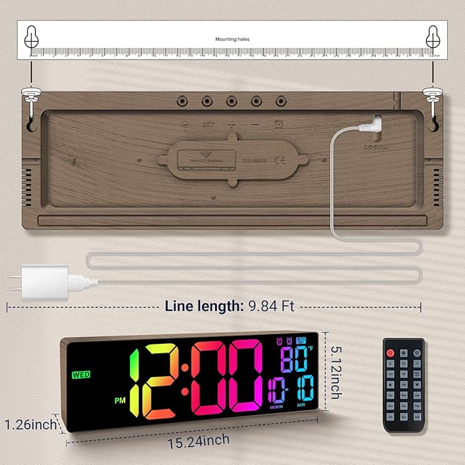 16.5" Large Digital Wall Clock: 11 RGB Color LED Display with Remote Control, Auto DST, Temperature & Date, Big Number Wall Clock for Seniors, Classroom, Office, Gym, Home Decor Brown