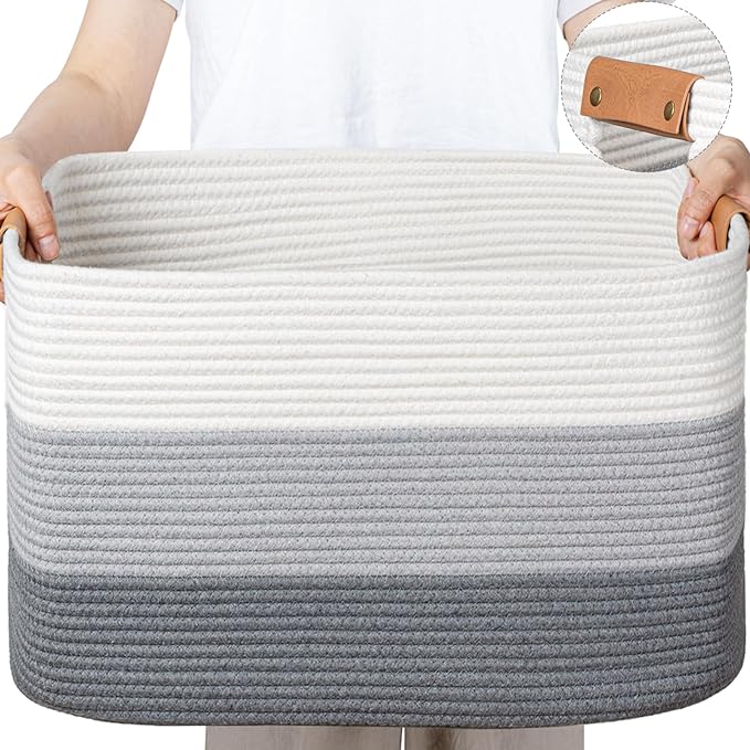 danpinera Large Woven Basket 25’’*16’’*16’’ 108L Woven Baskets for storage Baby Laundry Hamper, Cotton Rope Boho Decorative Storage Bin for Living Room, Nursery, Clothes, Pillows Gradient Grey