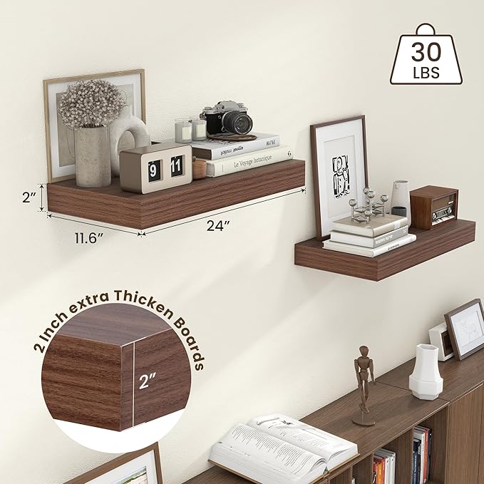 FLYJOE Deep Floating Shelves | 24 Inch Walnut Floating Shelves Set of 2 | 12 Inch Deep Rustic Wood Shelves for Wall | 24" W x 12" D Walnut Shelves for Living Room Bathroom Laundry Room Kitchen