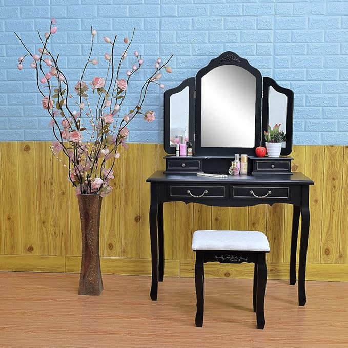 Makeup Table Set,Tri-folding Mirror Vanity Table Set Dressing Table Organizers with Cushioned Stool Bedroom (Black-4 Drawer) Tri-fold Mirror Dresser with Dressing Stool High quality Bathroom Mirrors