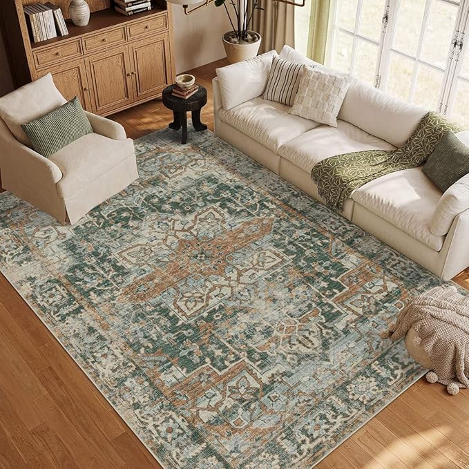 Rugxara 5x7 Area Rugs for Living Room Bedroom, Washable Rug, Green Vintage Retro Boho Rug, Non Slip & Low Pile Faux Wool Thin Carpet for Indoor Dining Room and Kids Room(Green/Brown 5x7ft)
