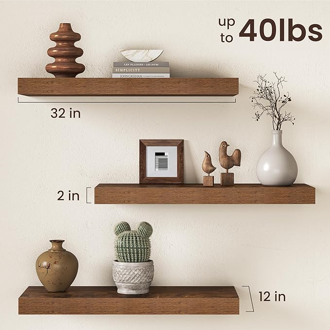 32Inch Floating Shelves for Wall, 12 Inch Deep Shelves for Bedroom, Kitchen, Bathroom Wall Mounted, Rustic Wood Floating Shelf with Invisible Brackets for Books, Storage, Decor, Rustic Brown, 2 Packs