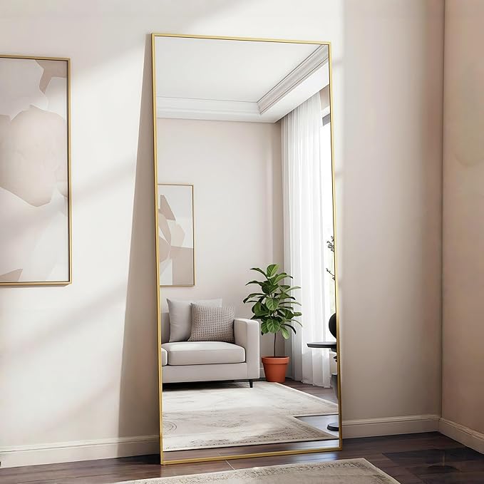 Full Length Mirror 71"x30"Rectangle with Stand Aluminum Alloy Frame Wall Mountable Tempered Glass Full Body Mirror, Standing Hanging or Leaning Against Wall for Bedroom and Living Room Gold