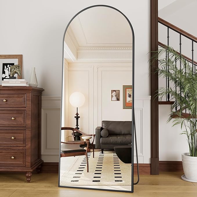OGCAU Full Length Mirror, 70"x26" Arched Full Body Floor Mirror with Stand, Hanging or Leaning, Standing, Wall Mounted with Aluminum Frame for Bedroom Living Room (Black)