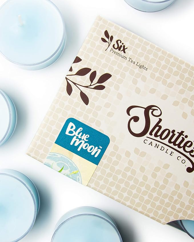 Shortie's Candle Company Blue Moon Premium Tealight Candles - Highly Scented with Essential Oils - 6 Blue Tea Lights - Beautiful Candlelight - Made in the USA - Fresh & Clean Collection