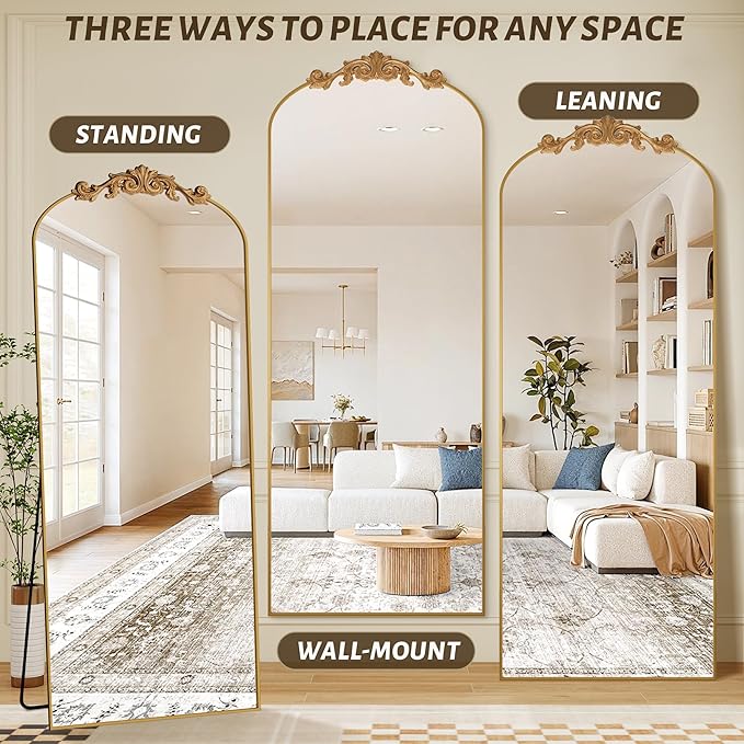 Vintage Full Length Mirror,78"x38" Arched Antique Floor Mirror with Carved Metal Frame,Large Standing Wall Mounted or Leaning Mirror for Bedroom Living Room Entryway,Gold
