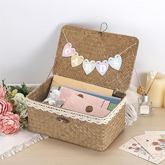 Hipiwe Wedding Card Basket Box Handwoven Seagrass Basket Bin with Letter Flag Wedding Favors Post Box Reception Card Holder for Party, Birthday, Graduation, Baby & Bridal Shower