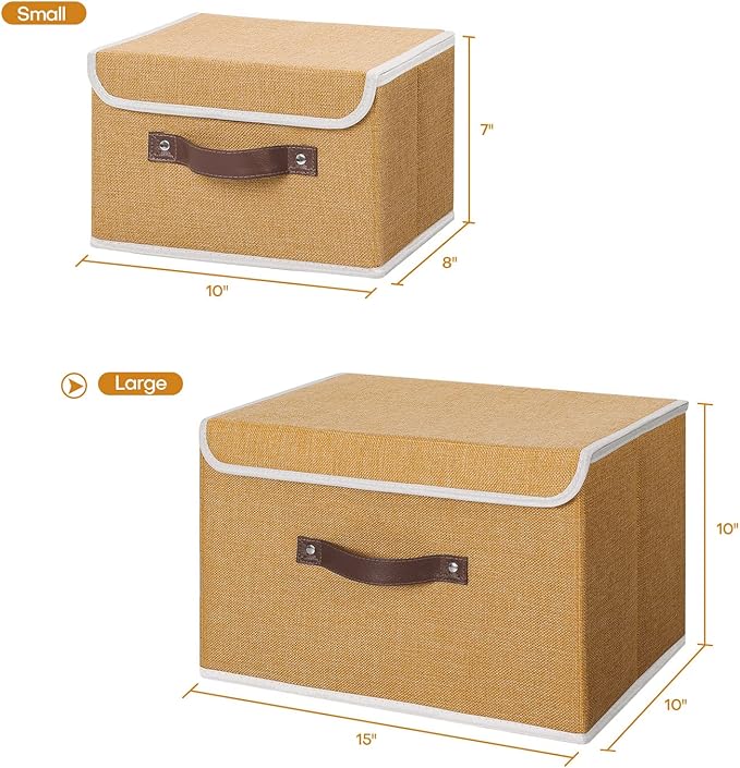 ANMINY 2PCS Storage Bins with Lid PU Leather Handles Storage Boxes PP Plastic Board Decorative Foldable Lidded Cotton Linen Fabric Home Cubes Baskets Closet Organizer Containers - Khaki, Large Size