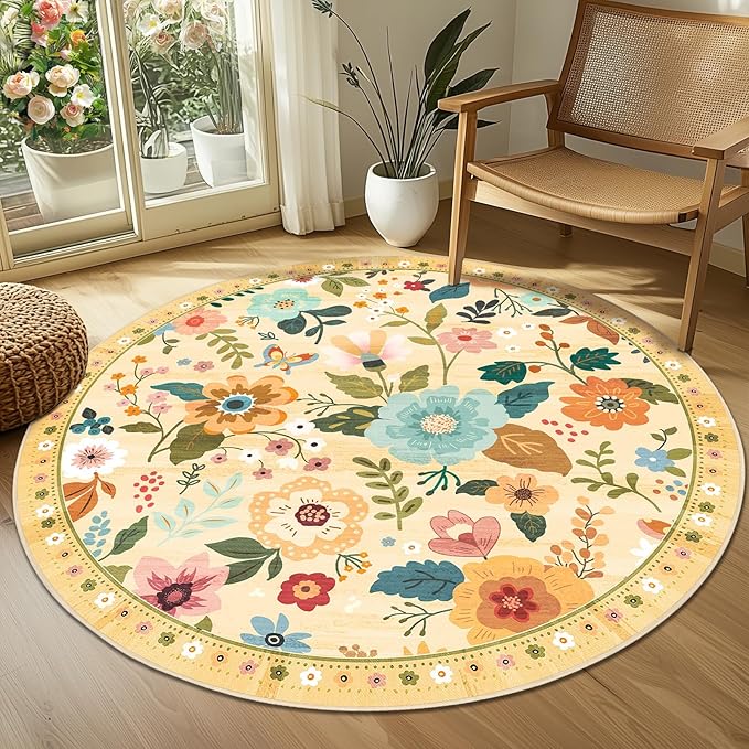 RELEANY Floral Nursery 4ft Area Rugs Washable Print Boho Cute Carpet Non Slip Flower Low Pile for Living Room Kids Girls Playroom Bedroom Kitchen Office Farmhouse-Ivory/Yellow