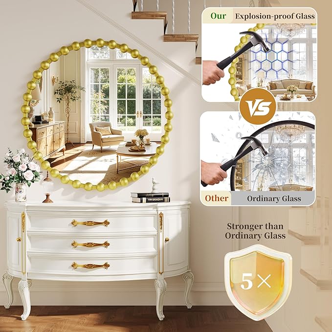Round Vanity Mirror for Wall, 36 Inch Beaded Frame Circle Mirror for Bathroom, Bedroom Dresser, Entryway, Living Room, Decorative Hanging Wall Mirror, Gold