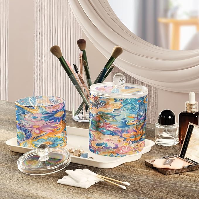 Boho Psychedelic Blue Bloom Clear Plastic Makeup Organizer Storage with lid Office Essentials Decorative Dental floss storage jar for Cotton Swabs,Cotton Pads,Floss Picks,Paper Clips,Hair