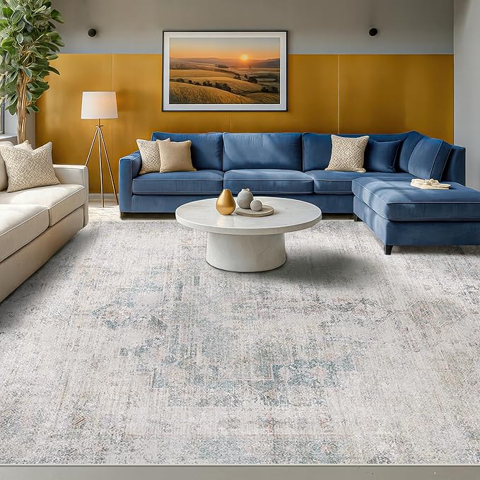 9x12 Washable Area Rug for Living Room, Large Light Blue Vintage Medallion Rug, Non Slip Low Pile Stain Resistant Carpet for Bedroom Dining Room, Soft Distressed Neutral Home Decor