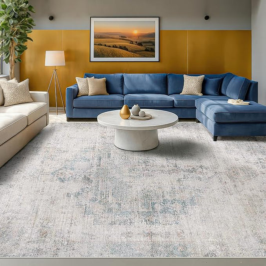 9x12 Washable Area Rug for Living Room, Large Light Blue Vintage Medallion Rug, Non Slip Low Pile Stain Resistant Carpet for Bedroom Dining Room, Soft Distressed Neutral Home Decor