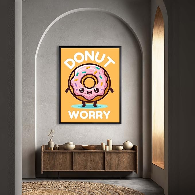 InkFlow Posters Donut Worry Poster - Smiling Donut Illustration - Playful Kawaii Food Art - Kids Bedroom Playroom Decor - Cheerful Wall Print - 16x20 Unframed Canvas Print