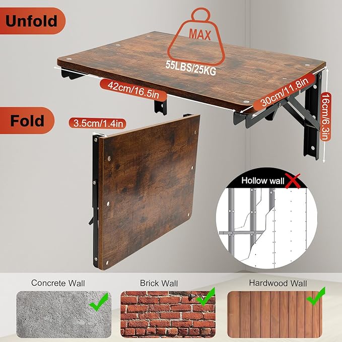Folding Shelf Wall Mounted for Small Space, Rustic Wooden Wall Table for Living Room Bedroom Decor, Home Office Floating Fold Down Desk, Media Shelves with Heavy-Duty Brackets Holds Up to 55lbs