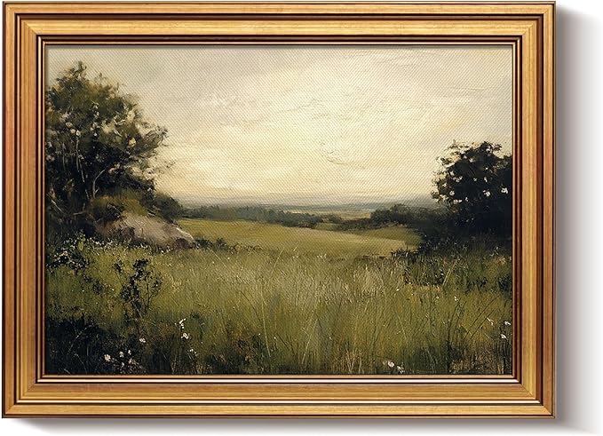 Bzstyleart Vintage Wall Art Decor for Living Room, Gold Framed Canvas Wall Art Home Decor Aesthetic, Grassland Vintage Landscape Prints, Canvas Picture Print Artwork, 12 x 16 Inch