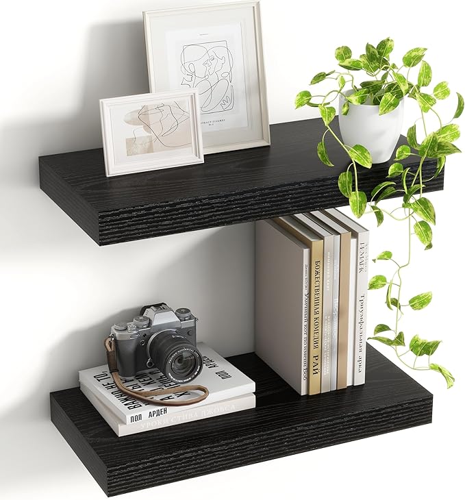 Acovy 16 Inch Floating Shelves, 8 Inch Deep Floating Shelves for Wall, Hanging Shelf with Invisible Brackets, Deep Shelves for Bathroom, Bedroom, Living Room, Black, Set of 2