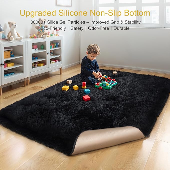KCHOWUA Black Fluffy Rug 4x6 - Ultra Soft Washable Shaggy Carpet, Thick Plush Fuzzy Faux Fur Area Rug, Non-Slip Cozy Floor Rug for Bedroom, Living Room, Nursery, Dorm, Playroom, Home, Kids & Baby Room