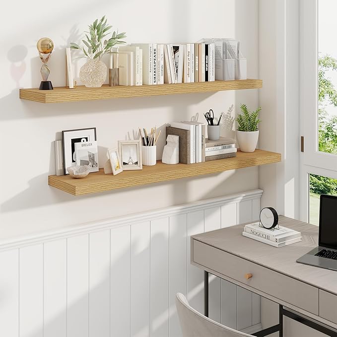 Fun Memories 48 Inch Oak Floating Shelves, 9.3 Inch Deep Wall Shelves for Living Room|Bedroom|Kitchen, Rusitc Wall Mounted Bathroom Shelves 2 Pack, Heavy-Duty Deep Shelf for Books，Decor