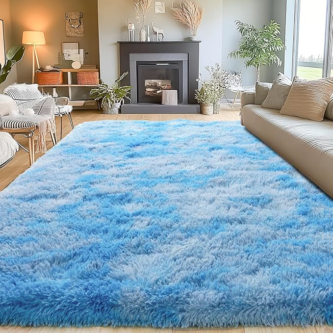 Area Rugs for Living Room 6x9, Ultra Soft Fluffy Rug for Bedroom, Modern Shaggy Carpets Fuzzy Rug for Girls Boys Room Home Indoor Nursery Teens Dorm Decor, Upgrade Non-Slip Durable, Tie-Dye Blue