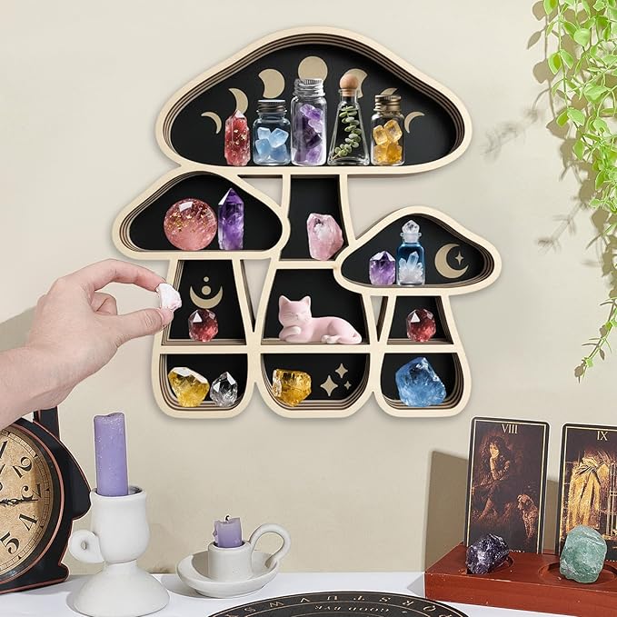 peacoblue Natural Wood Mushroom Shaped Crystal Display Shelf 11.1" L× 11.8" W× 1.2" Wooden Wall Mounted Decor for Crystals, Gemstones & Trinkets for Bohemian, Witchy & Modern Interiors