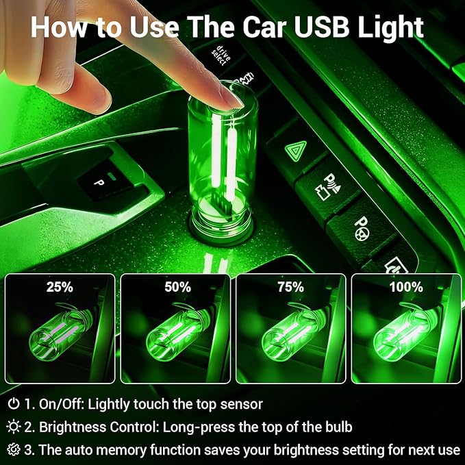 2 PCS Car USB Light Bulbs, Retro Glass Bottle LED Night Lamp with Touch Dimmable Control, Portable Interior Ambient Lighting for Vehicle, Bedroom, Hallway, Gift for Christmas or Birthday,Green