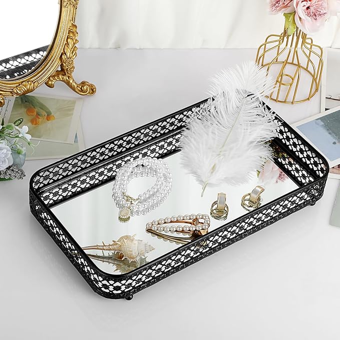 ELLDOO Black Perfume & Makeup Vanity Tray - Hollow-Carved Jewelry Storage, Glass & Metal Trinket Organizer for Dresser & Bathroom Countertop, Large Size