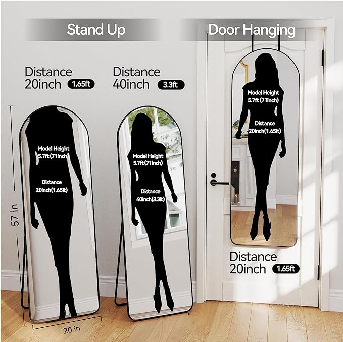 SCWF-GZ 57x20 Door Hanging Full Length Mirror, Floor (Height 5.7ft just Body in1.3ft) Wall Mounted Metal Frame Arch Dressing Mirrors for Bedroom Bathroom Living Room 57 inch Black